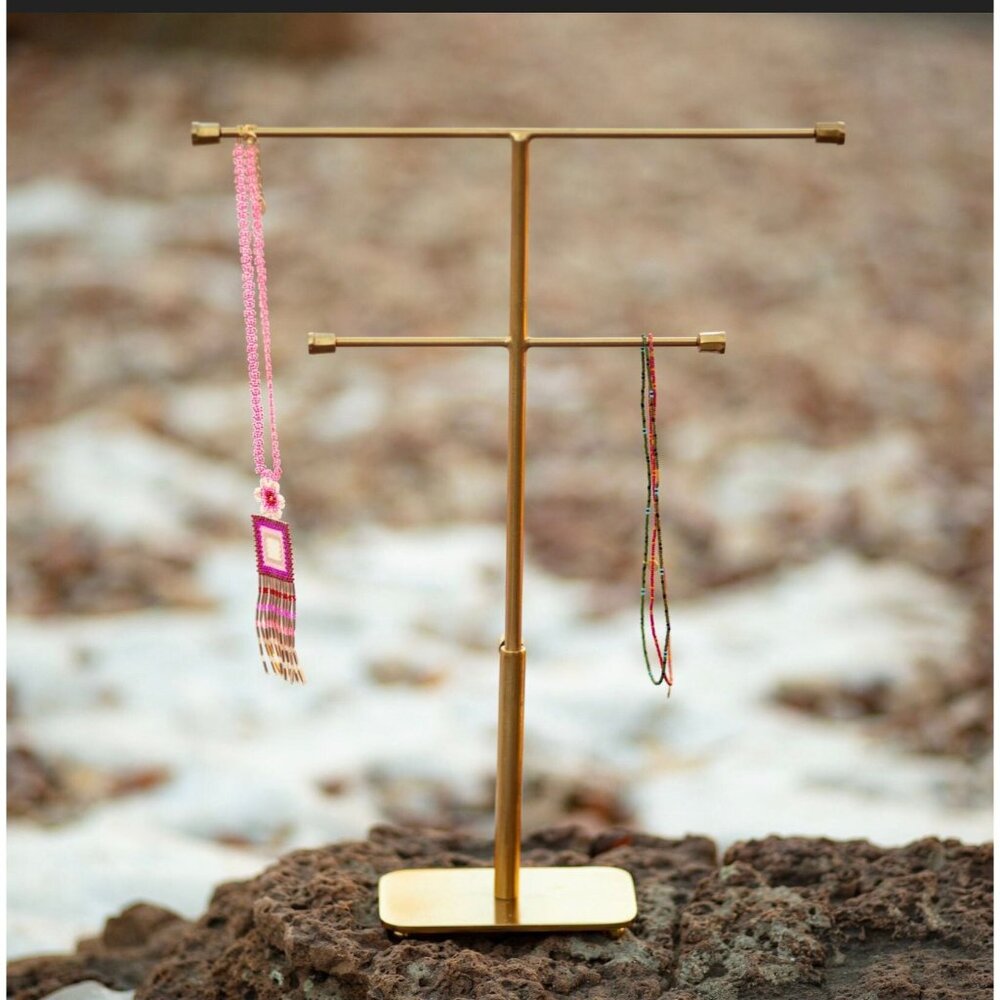 Gold Metal 2-Tier Adjustable T-Bar Jewelry Display Stand, Necklace Organizer